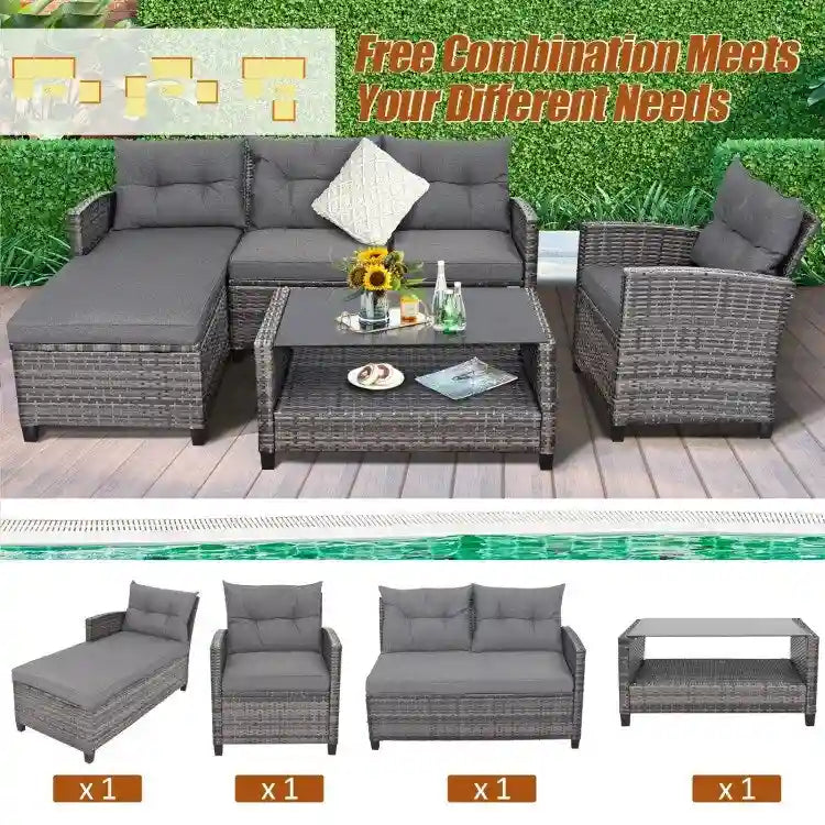 Set mobili da esterno in rattan 4 pezzi con cuscino e ripiano per tavolo - 27,5 x 47 x 30 (L x P x A)