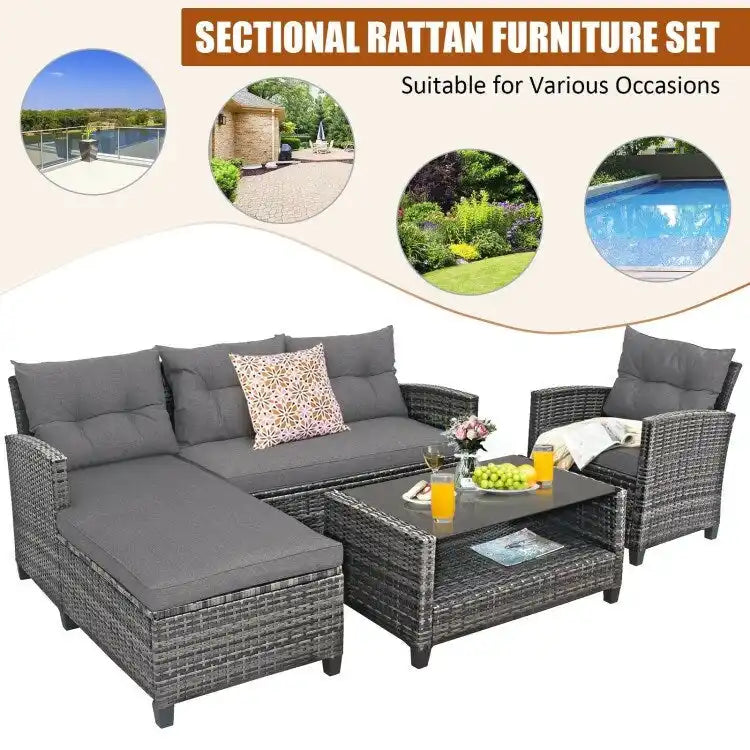 Set mobili da esterno in rattan 4 pezzi con cuscino e ripiano per tavolo - 27,5 x 47 x 30 (L x P x A)