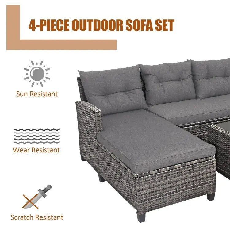 Set mobili da esterno in rattan 4 pezzi con cuscino e ripiano per tavolo - 27,5 x 47 x 30 (L x P x A)