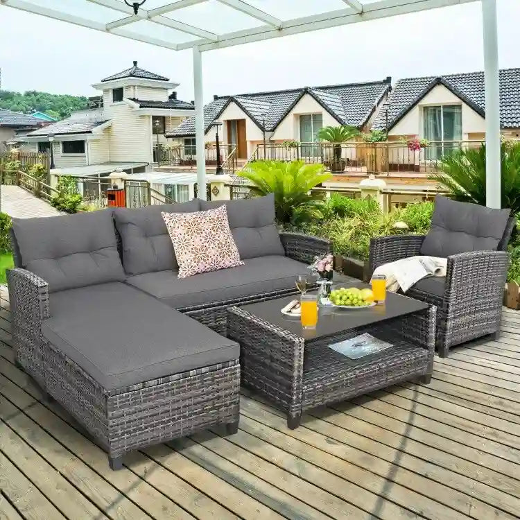 Set mobili da esterno in rattan 4 pezzi con cuscino e ripiano per tavolo - 27,5 x 47 x 30 (L x P x A)