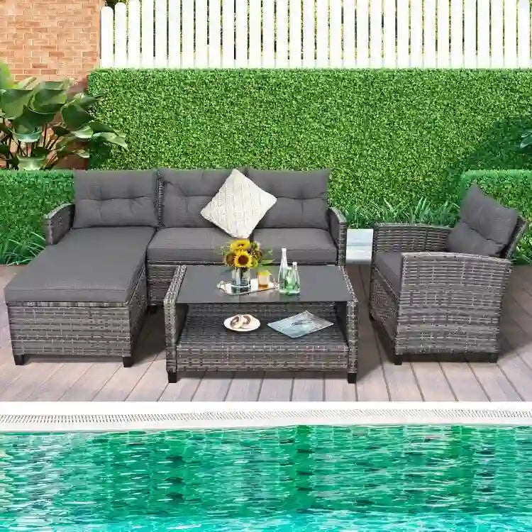 Set mobili da esterno in rattan 4 pezzi con cuscino e ripiano per tavolo - 27,5 x 47 x 30 (L x P x A)