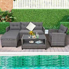 Set mobili da esterno in rattan 4 pezzi con cuscino e ripiano per tavolo - 27,5 x 47 x 30 (L x P x A)