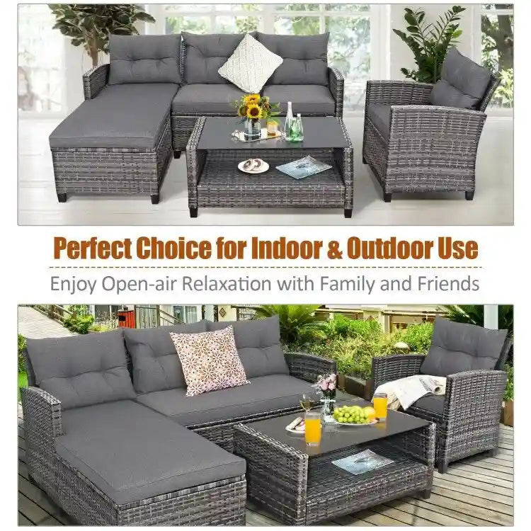 Set mobili da esterno in rattan 4 pezzi con cuscino e ripiano per tavolo - 27,5 x 47 x 30 (L x P x A)