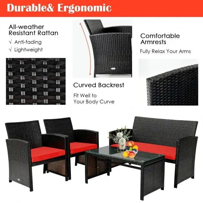 Set mobili da esterno 4 pezzi in rattan con cuscini - 43.5 x 25 x 31 (L x P x A)