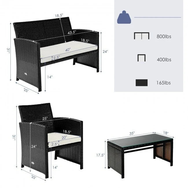 Set mobili da esterno 4 pezzi in rattan con cuscini - 43.5 x 25 x 31 (L x P x A)