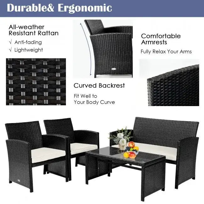 Set mobili da esterno 4 pezzi in rattan con cuscini - 43.5 x 25 x 31 (L x P x A)