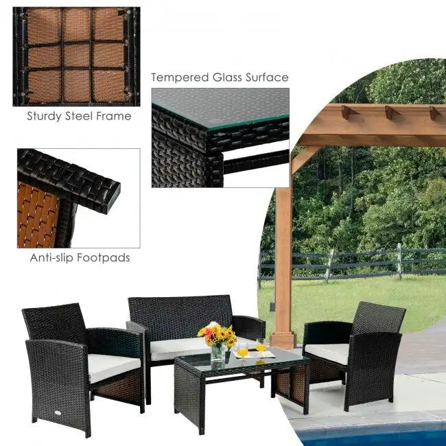 Set mobili da esterno 4 pezzi in rattan con cuscini - 43.5 x 25 x 31 (L x P x A)