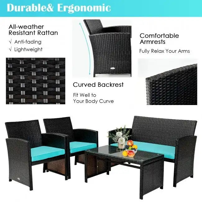 Set mobili da esterno 4 pezzi in rattan con cuscini - 43.5 x 25 x 31 (L x P x A)