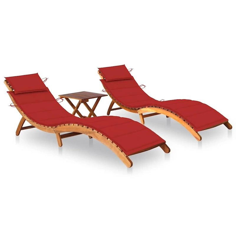 vidaXL Lettini prendisole 2 pz con tavolo e cuscini in legno massello di acacia - 72.4 x 21.7 x 25.2