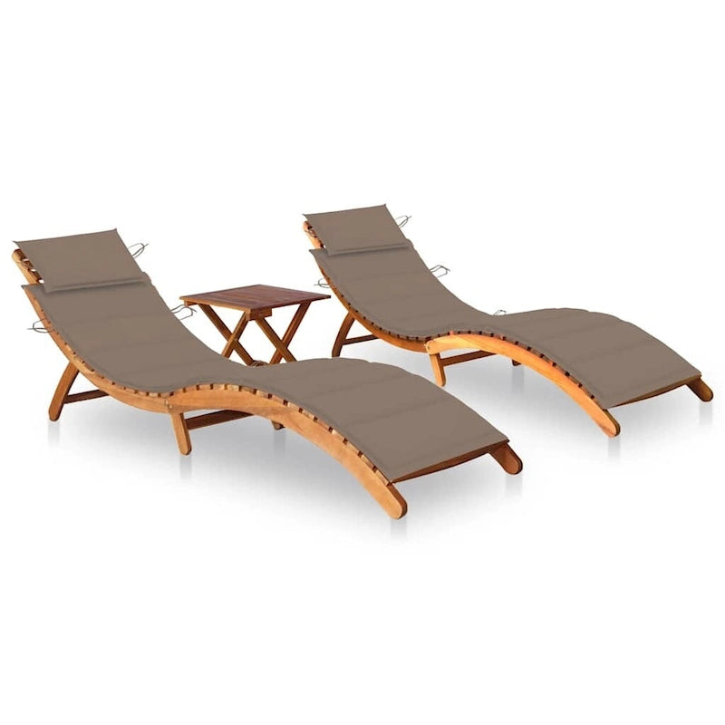 vidaXL Lettini prendisole 2 pz con tavolo e cuscini in legno massello di acacia - 72.4 x 21.7 x 25.2