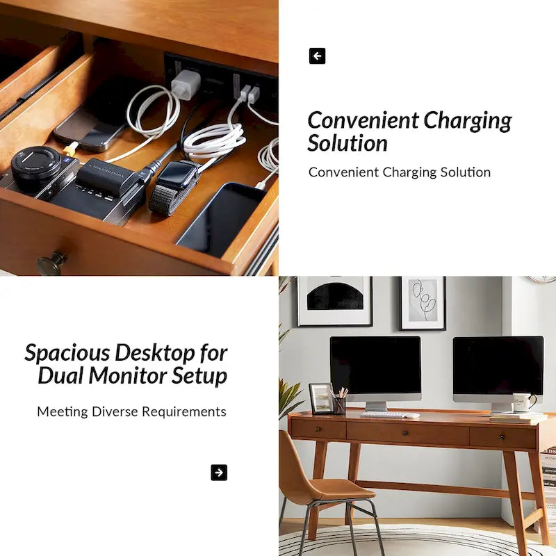 Scrivania da Ufficio Eugenia Mid-century con Divisorio per Cassetti, Gestione Cavi e Stazione di Ricarica di HULALA HOME