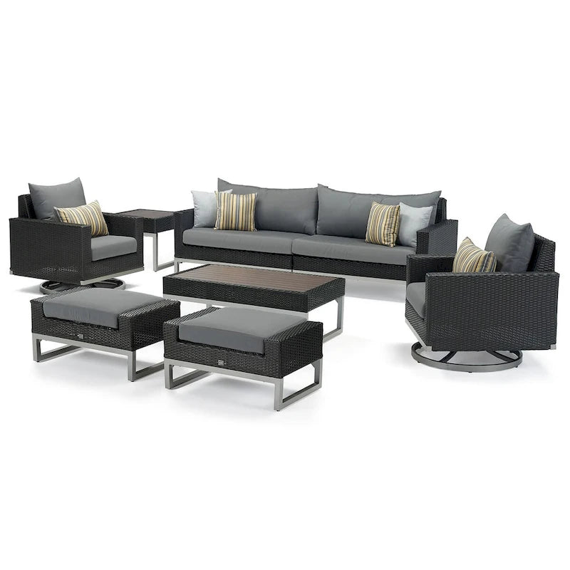 Set da 8 pezzi da esterno con divanetti Milo Espresso Sunbrella ad azione meccanica