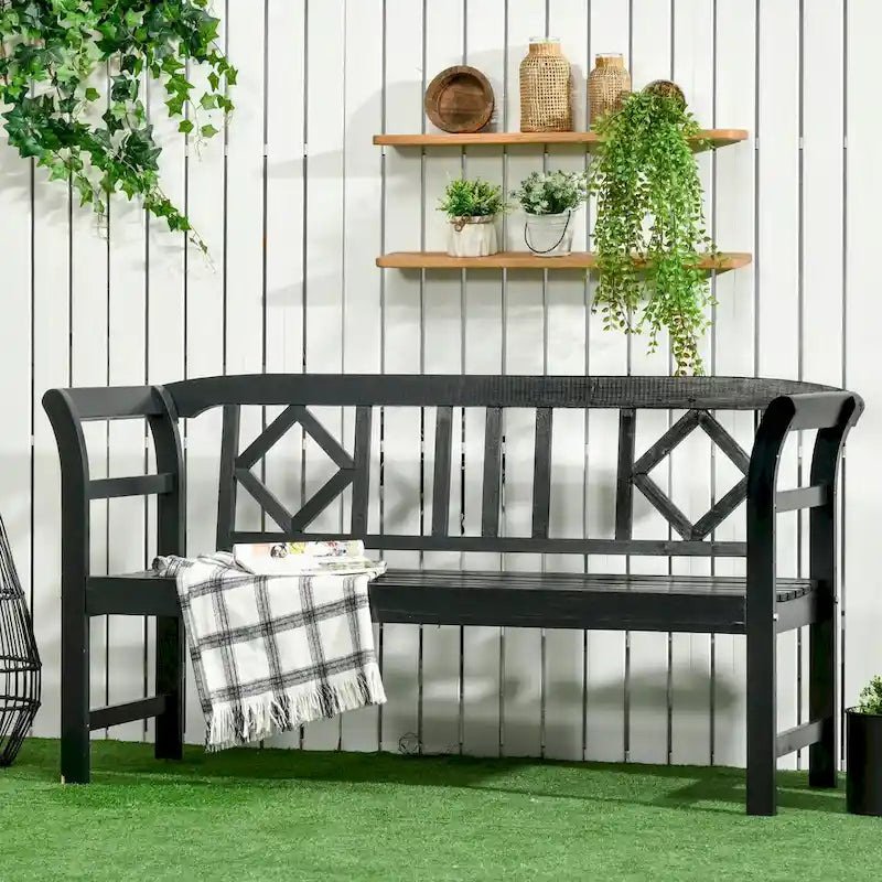 Outsunny Wooden Patio Bench Outdoor Garden Bench with Backrest and Armrests - 61.50L * 20.75W * 32.75H