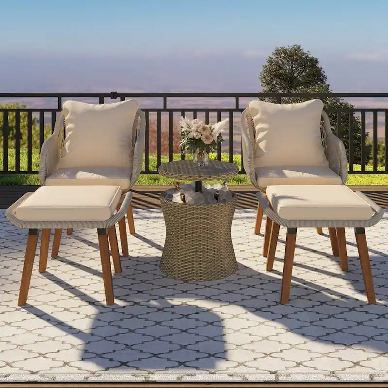 5-Piece Rope Patio Conversation Set with Wicker Bar Table and Cushions