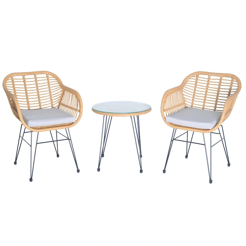 Set di 3 poltrone da conversazione in rattan da esterno con tavolo in vetro