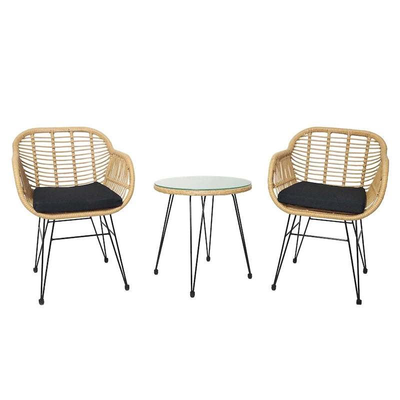 Set di 3 poltrone da conversazione in rattan da esterno con tavolo in vetro