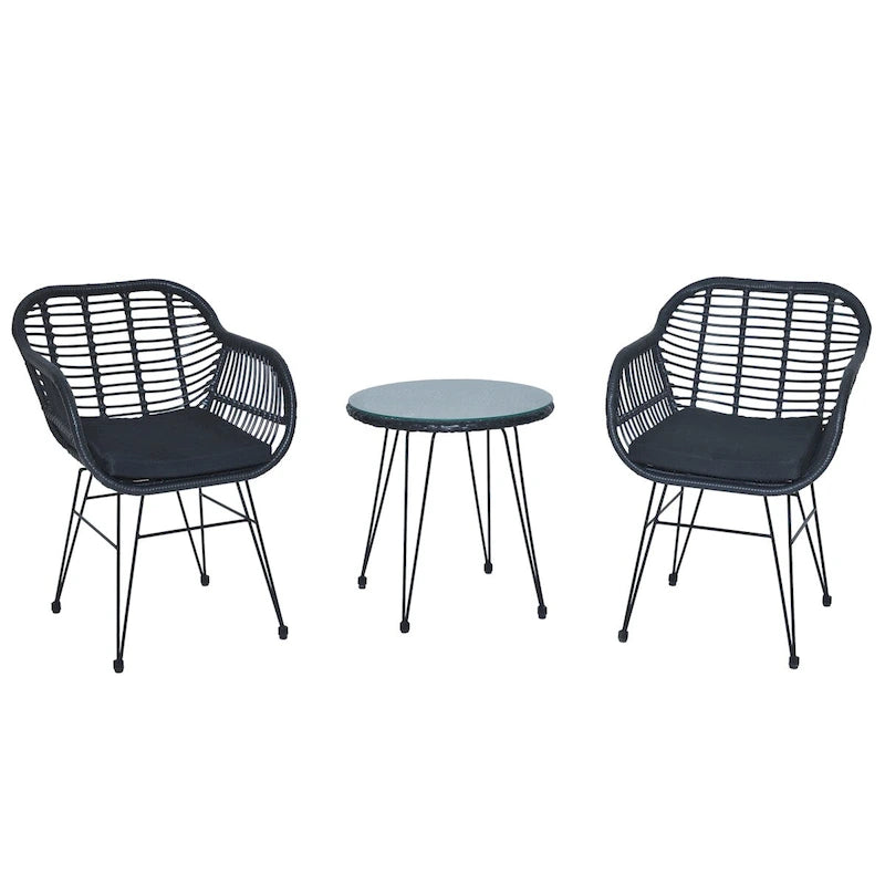 Set di 3 poltrone da conversazione in rattan da esterno con tavolo in vetro