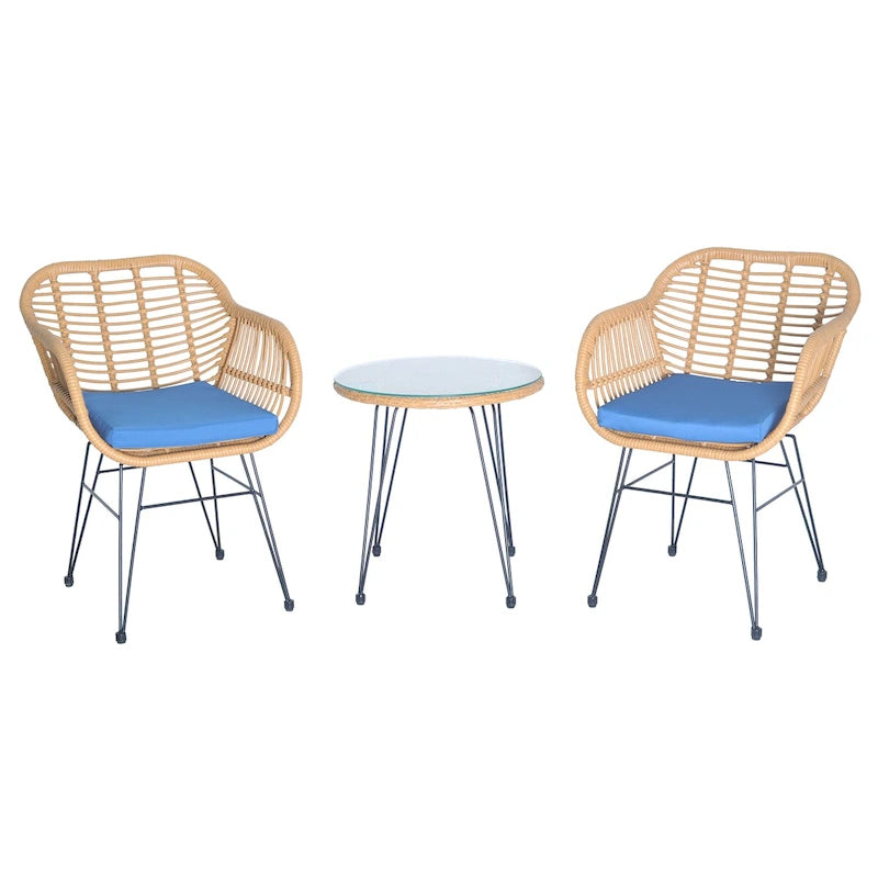Set di 3 poltrone da conversazione in rattan da esterno con tavolo in vetro