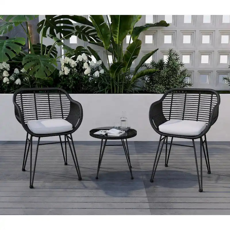 3 Pieces Outdoor Rattan Chair Conversation Sets with Glass Top Table