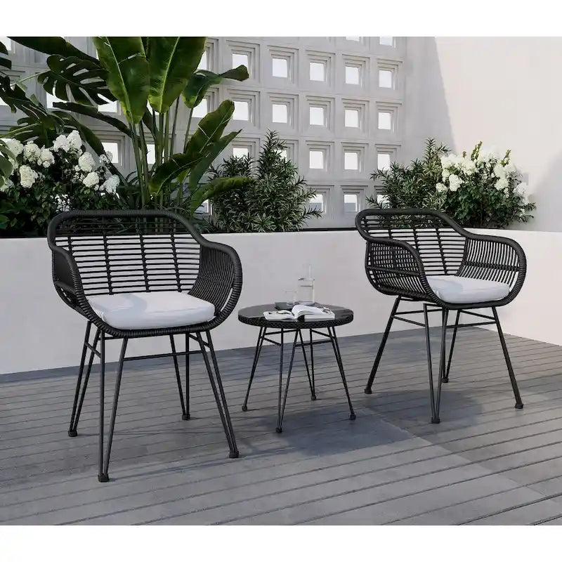 Set di 3 poltrone da conversazione in rattan da esterno con tavolo in vetro