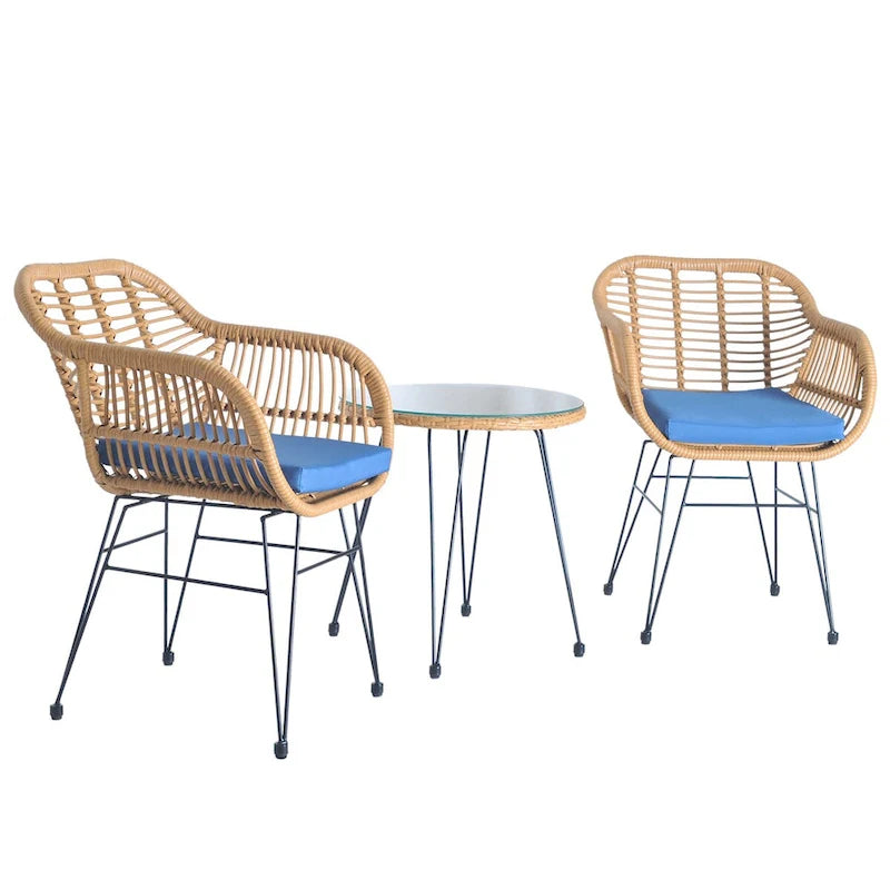 Set di 3 poltrone da conversazione in rattan da esterno con tavolo in vetro