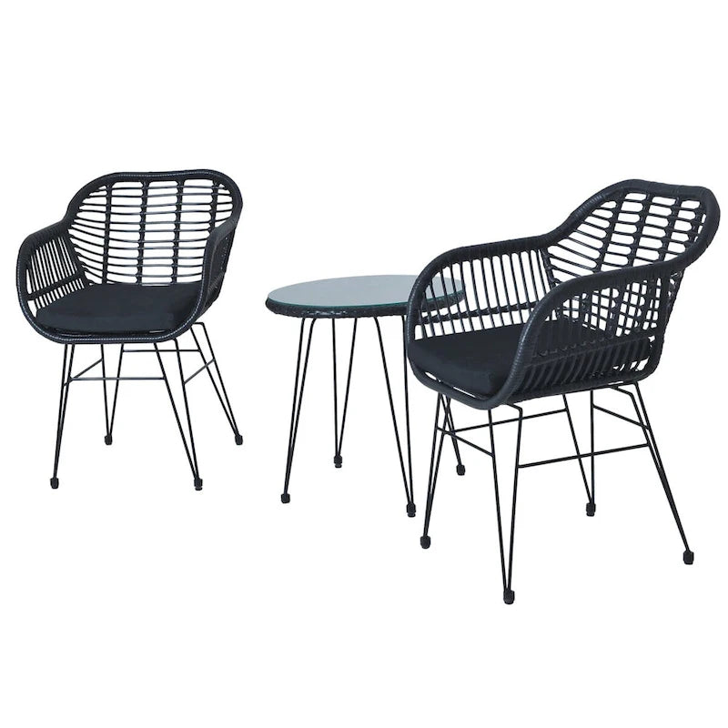 Set di 3 poltrone da conversazione in rattan da esterno con tavolo in vetro