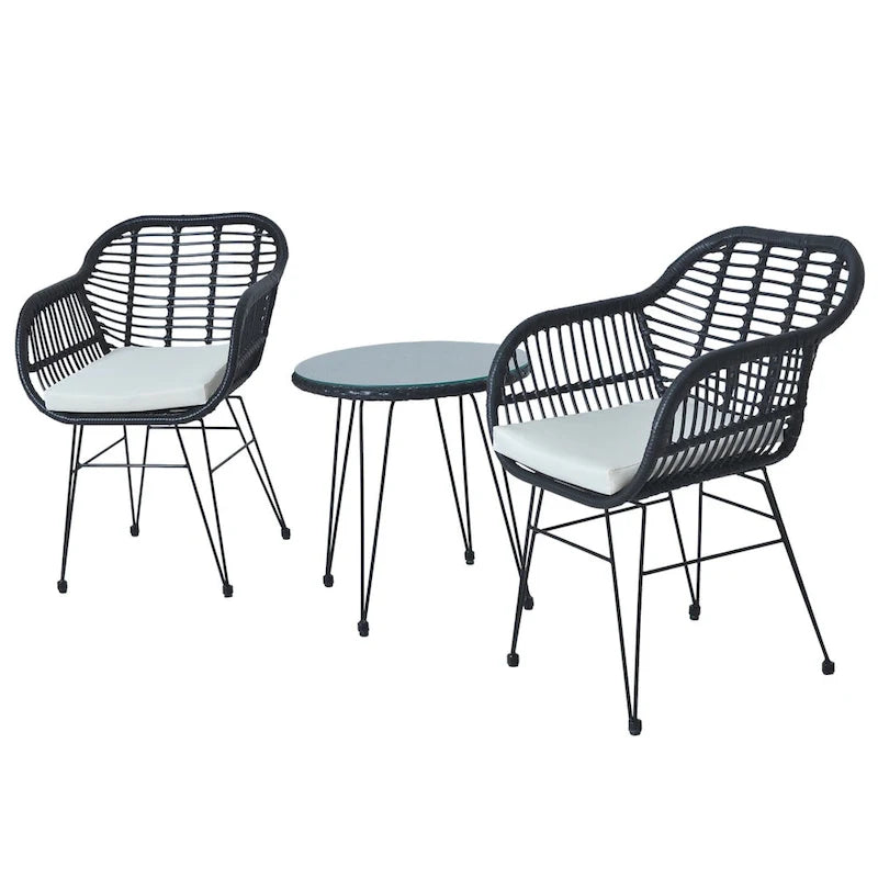 Set di 3 poltrone da conversazione in rattan da esterno con tavolo in vetro