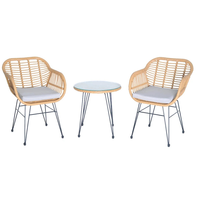 Set di 3 poltrone da conversazione in rattan da esterno con tavolo in vetro