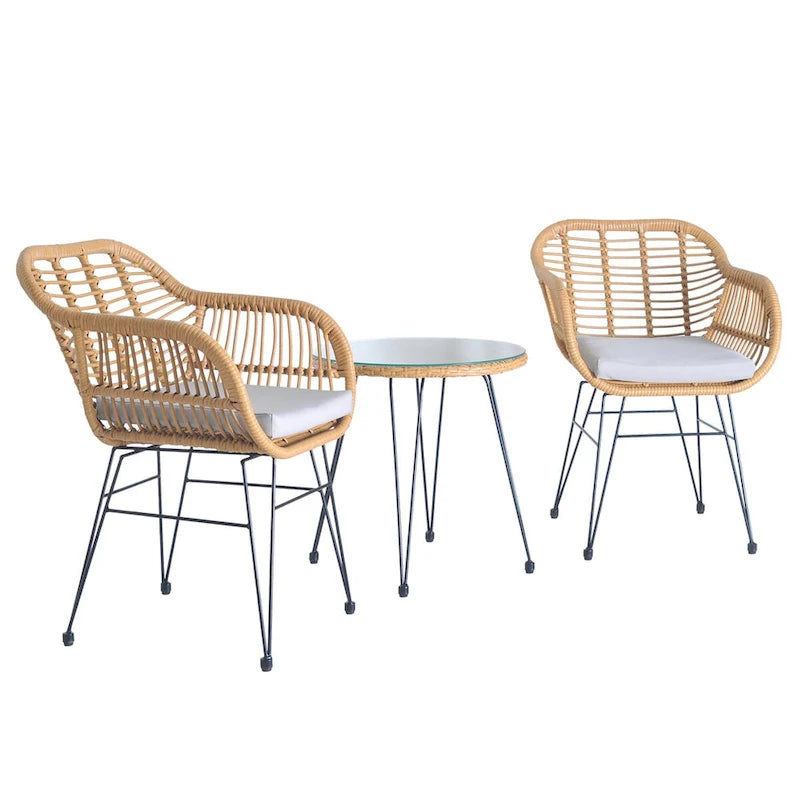 Set di 3 poltrone da conversazione in rattan da esterno con tavolo in vetro