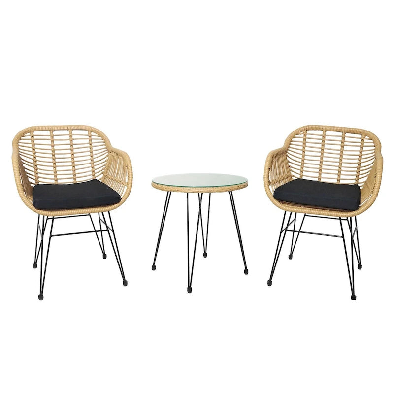 Set di 3 poltrone da conversazione in rattan da esterno con tavolo in vetro