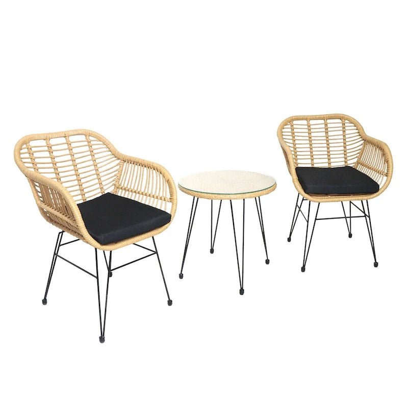 Set di 3 poltrone da conversazione in rattan da esterno con tavolo in vetro