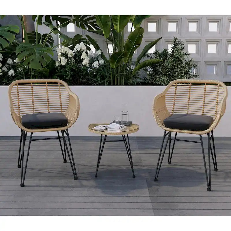 Set di 3 poltrone da conversazione in rattan da esterno con tavolo in vetro