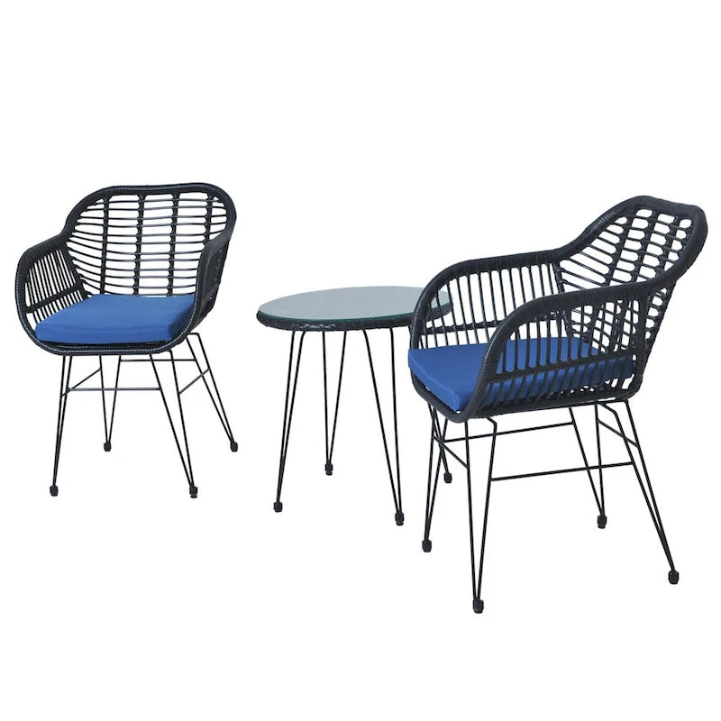 Set di 3 poltrone da conversazione in rattan da esterno con tavolo in vetro