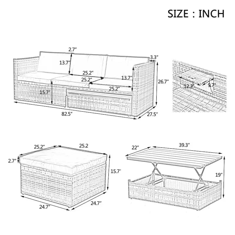 Ensemble de canapé d'angle d'extérieur 5 pièces en rotin synthétique avec table basse relevable