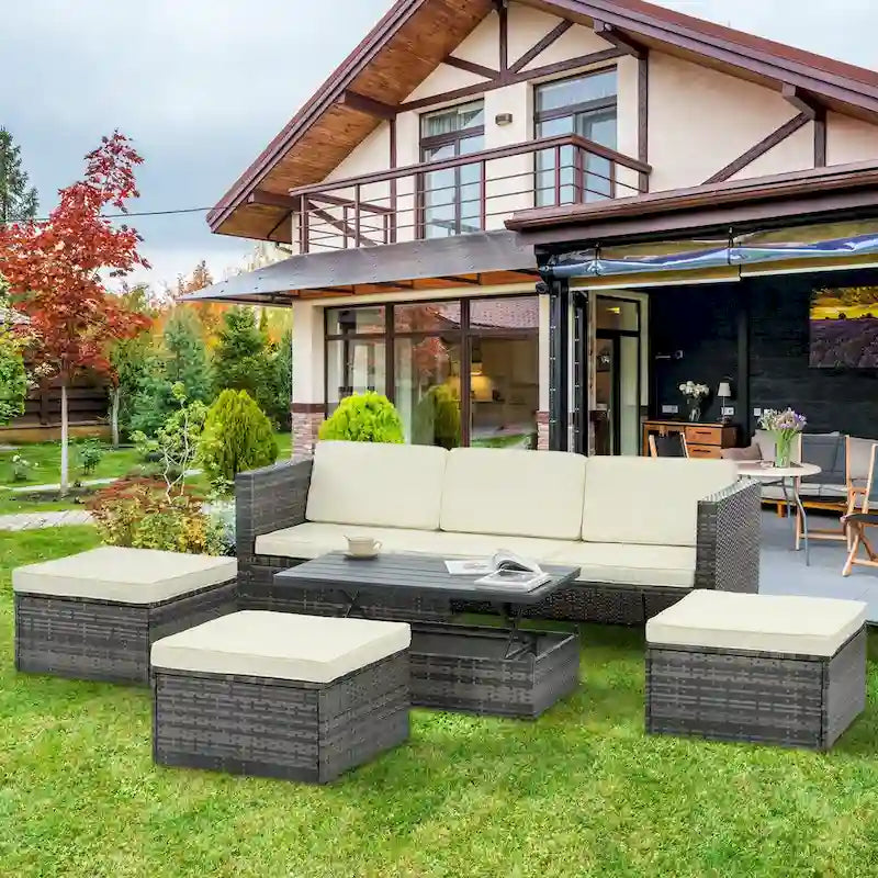 Ensemble de canapé d'angle d'extérieur 5 pièces en rotin synthétique avec table basse relevable