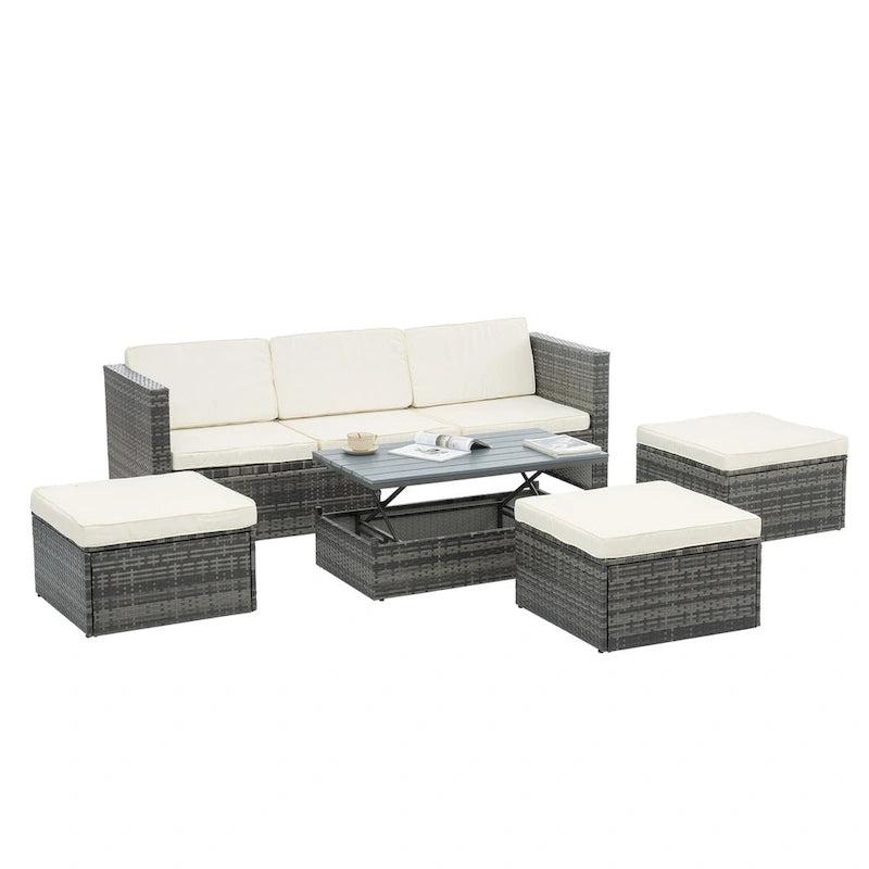 Ensemble de canapé d'angle d'extérieur 5 pièces en rotin synthétique avec table basse relevable