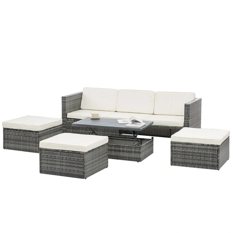 Ensemble de canapé d'angle d'extérieur 5 pièces en rotin synthétique avec table basse relevable