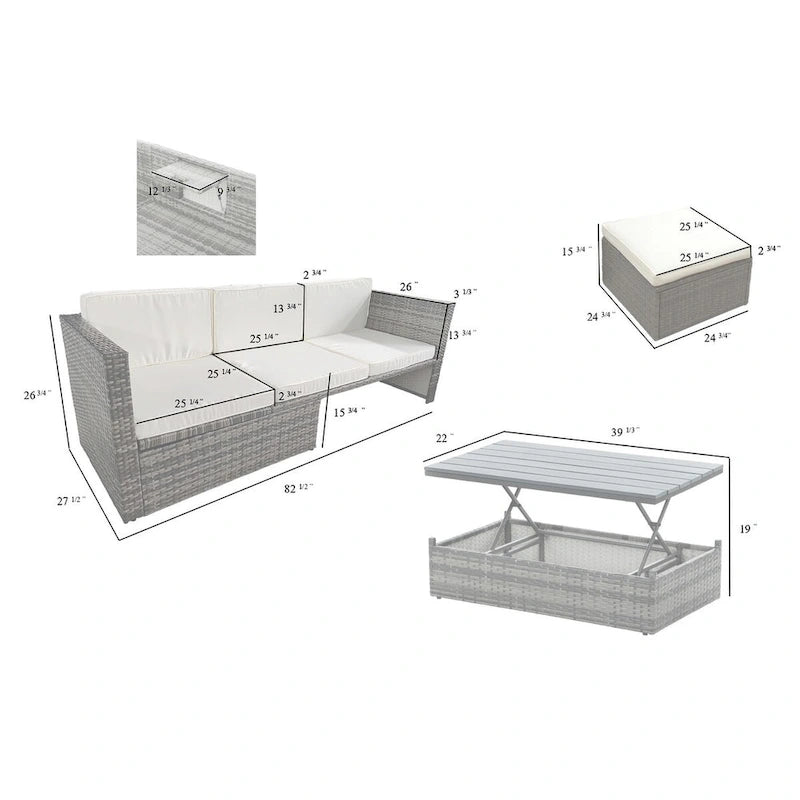 Ensemble de canapé d'angle d'extérieur 5 pièces en rotin synthétique avec table basse relevable
