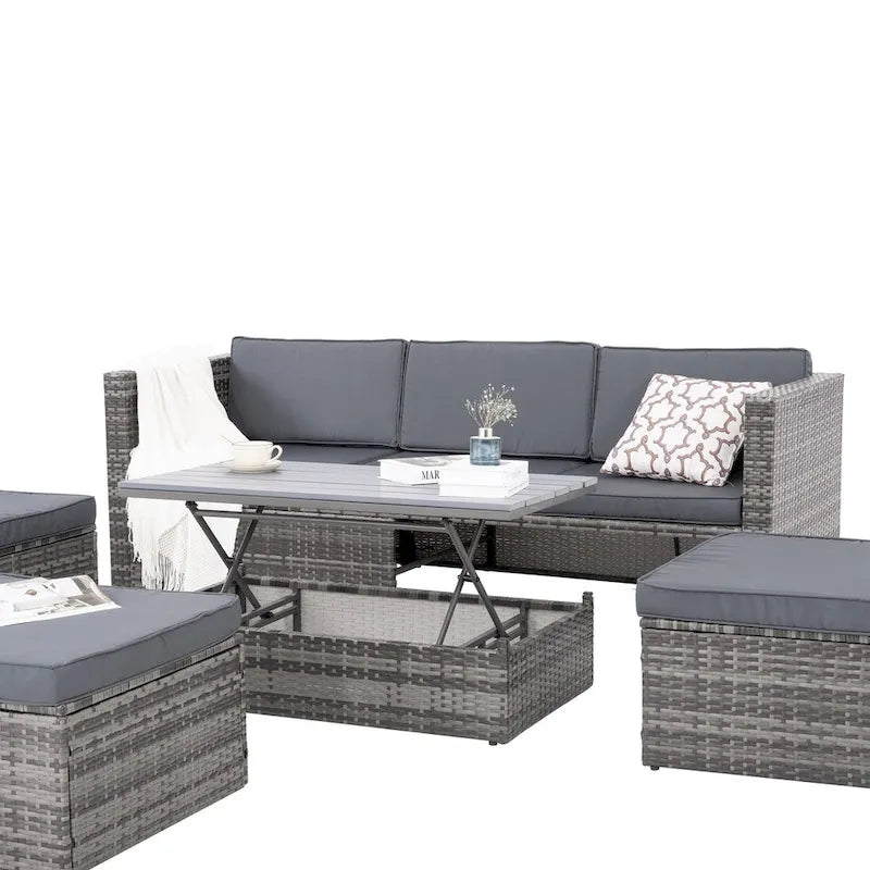 Ensemble de canapé d'angle d'extérieur 5 pièces en rotin synthétique avec table basse relevable
