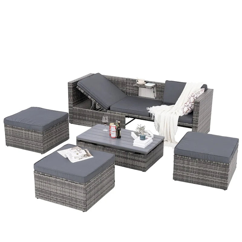 Ensemble de canapé d'angle d'extérieur 5 pièces en rotin synthétique avec table basse relevable