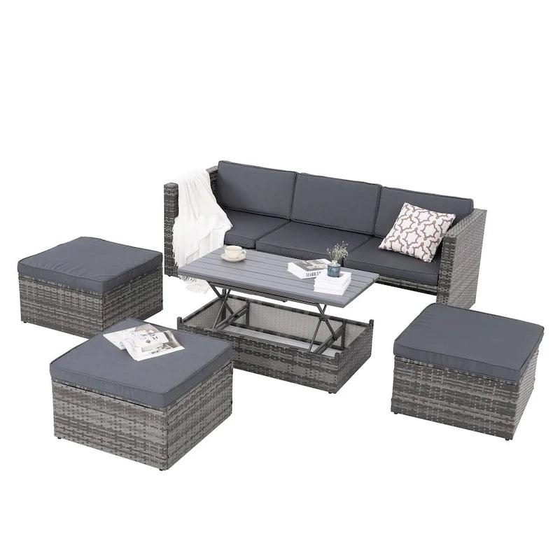 Ensemble de canapé d'angle d'extérieur 5 pièces en rotin synthétique avec table basse relevable