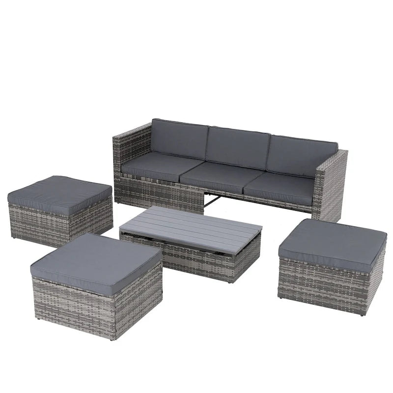 Ensemble de canapé d'angle d'extérieur 5 pièces en rotin synthétique avec table basse relevable