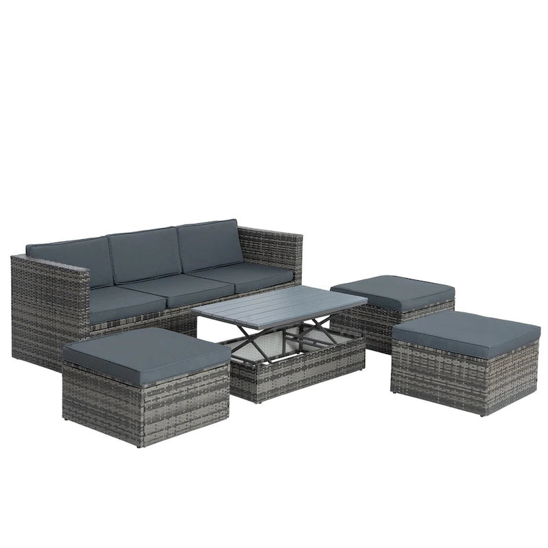 Ensemble de canapé d'angle d'extérieur 5 pièces en rotin synthétique avec table basse relevable