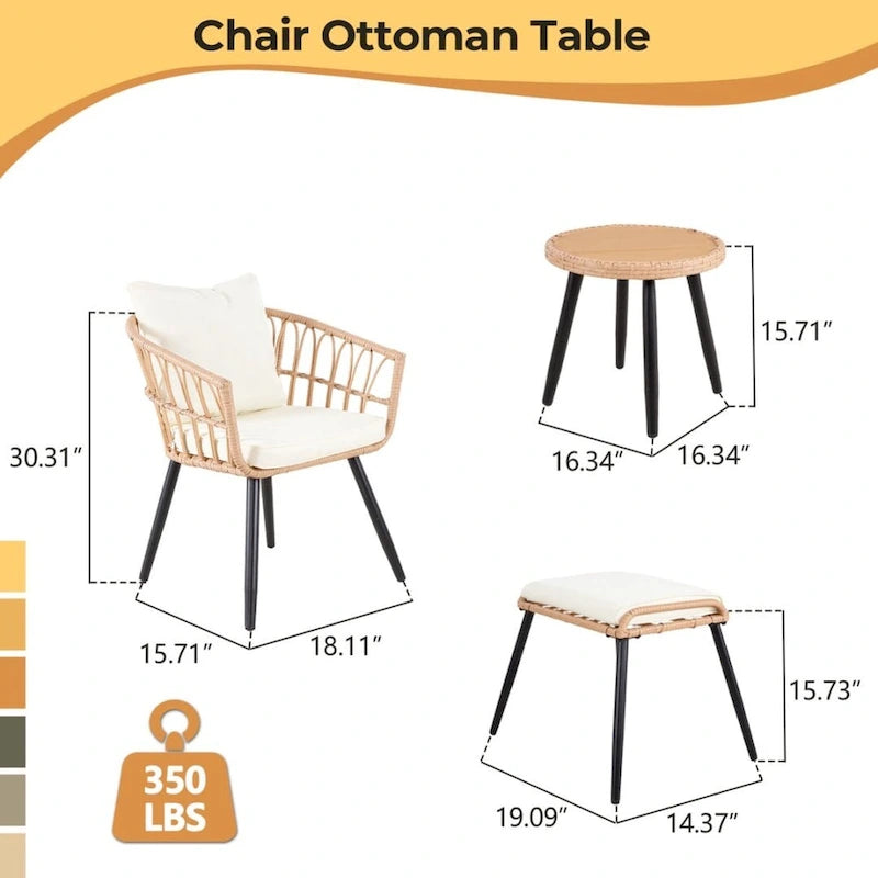 Set divano da esterno in vimini da 5 pezzi, 2 sedie, 2 pouf, 1 tavolo