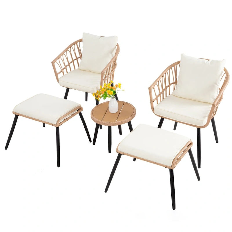 Set divano da esterno in vimini da 5 pezzi, 2 sedie, 2 pouf, 1 tavolo