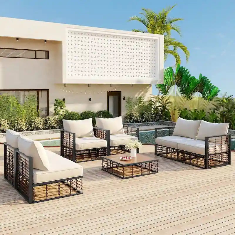 Ensemble de canapé d'angle de patio en métal 7 pièces, mobilier de conversation de jardin toutes saisons avec coussins épais et table basse