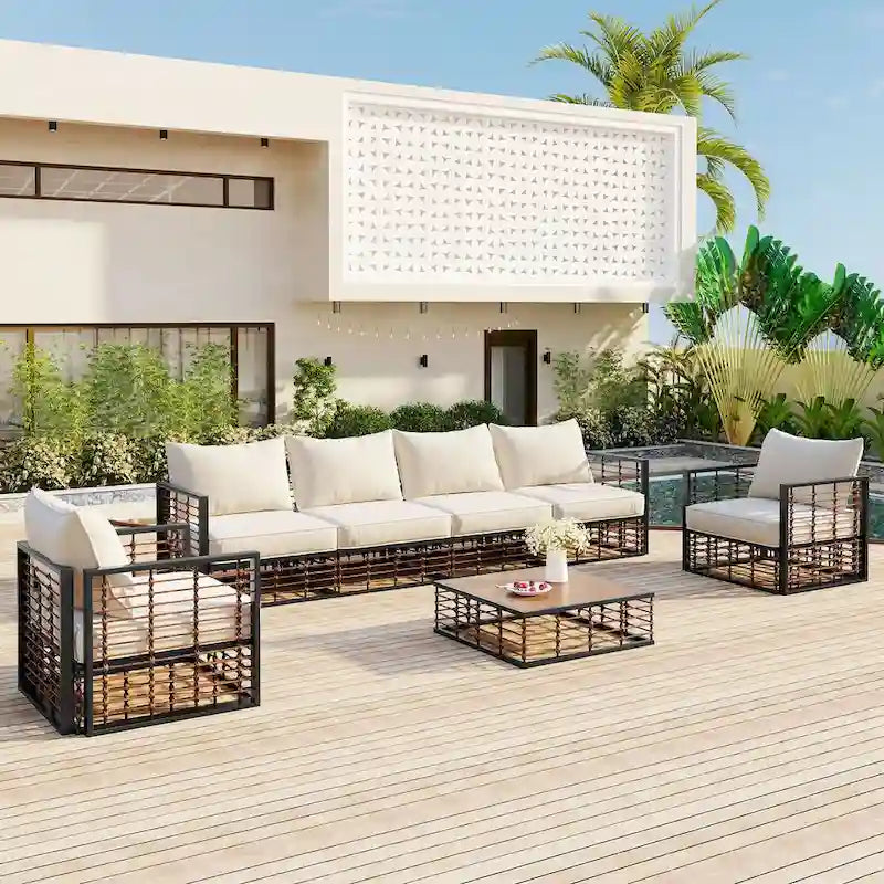 Ensemble de canapé d'angle de patio en métal 7 pièces, mobilier de conversation de jardin toutes saisons avec coussins épais et table basse