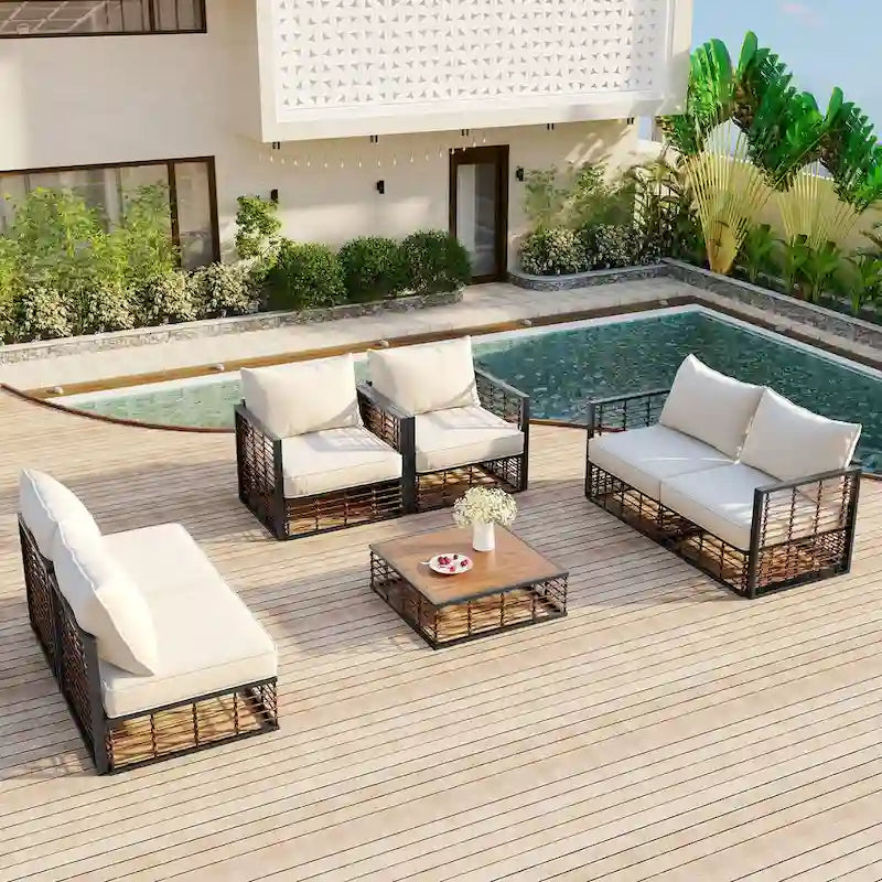 Ensemble de canapé d'angle de patio en métal 7 pièces, mobilier de conversation de jardin toutes saisons avec coussins épais et table basse