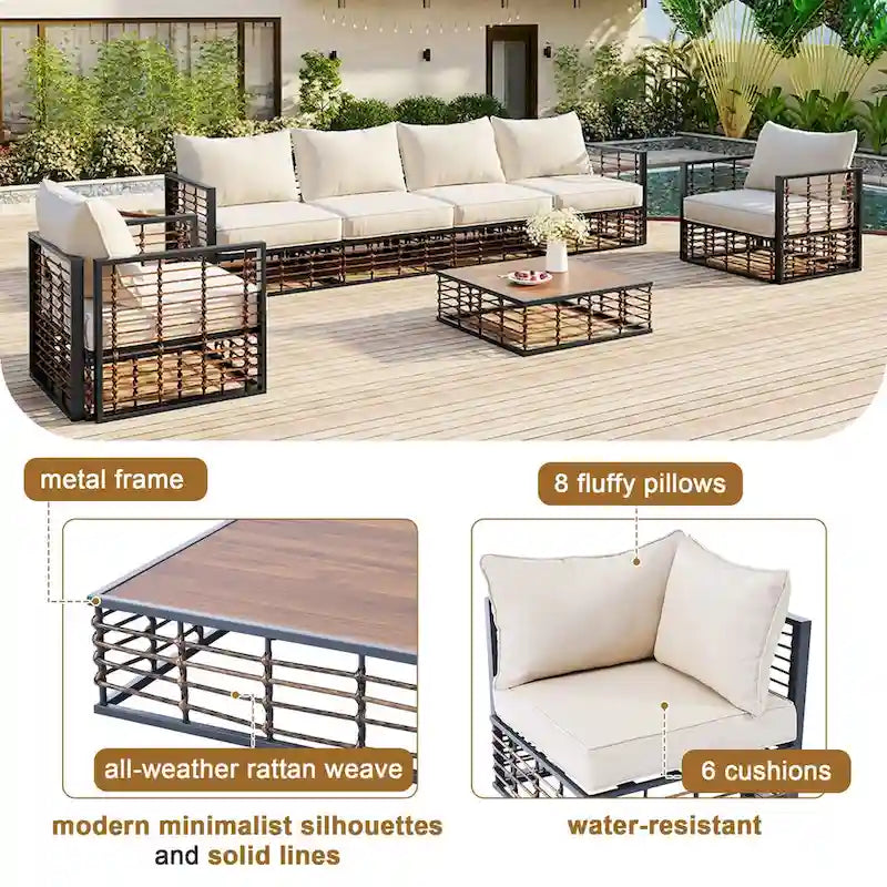 Ensemble de canapé d'angle de patio en métal 7 pièces, mobilier de conversation de jardin toutes saisons avec coussins épais et table basse