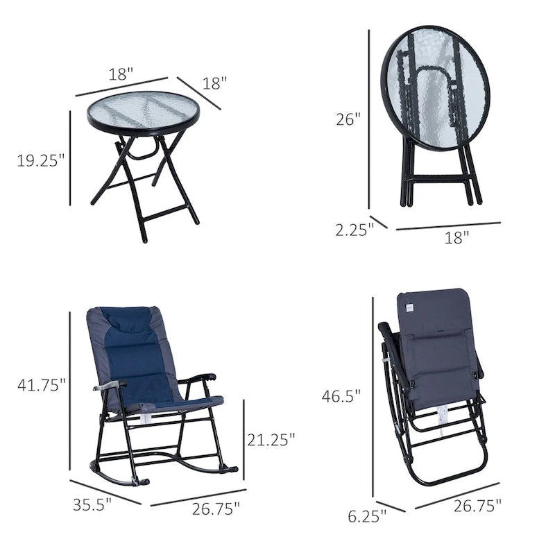 Set da 3 Pezzi di Sedie a Dondolo Pieghevoli da Patio con Tavolino da Caffè in Vetro